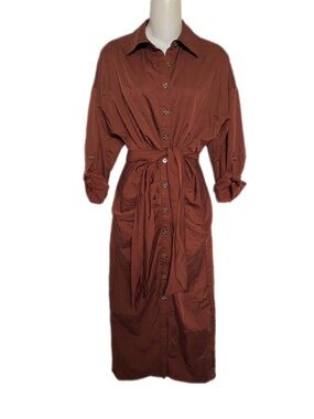 Antonio Melani Roxanne Button-Front Shirt Midi Dress in Brown Rust Waist Tie 2